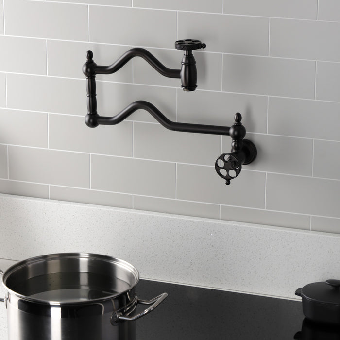 Kingston Tulare KS2105RKX - Webb Two-Handle 1-Hole Wall Mount Pot Filler Faucet with Knurled Handle, Oil Rubbed Bronze