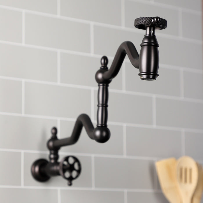 Kingston Tulare KS2105RKX - Webb Two-Handle 1-Hole Wall Mount Pot Filler Faucet with Knurled Handle, Oil Rubbed Bronze