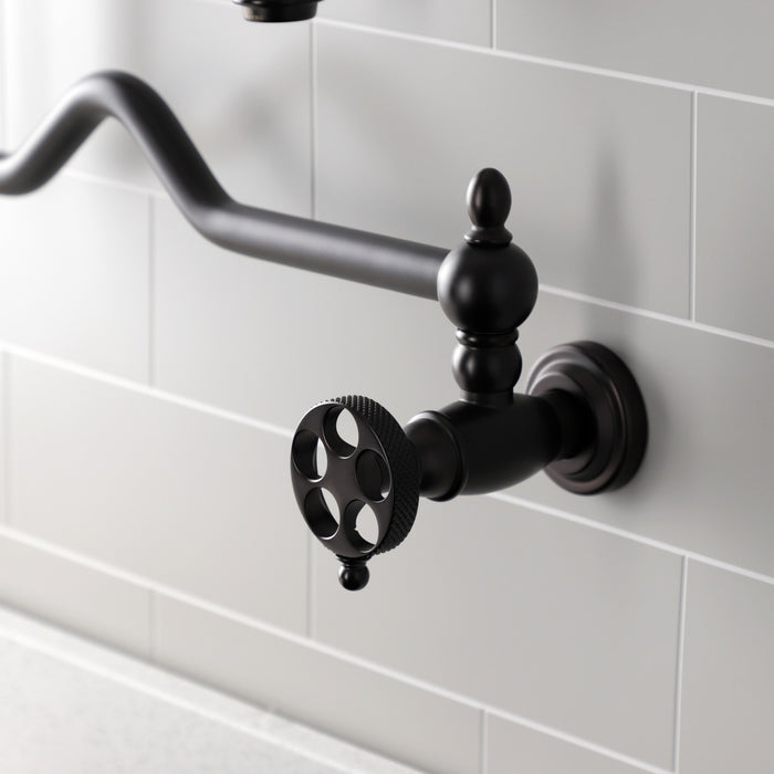 Kingston Tulare KS2105RKX - Webb Two-Handle 1-Hole Wall Mount Pot Filler Faucet with Knurled Handle, Oil Rubbed Bronze