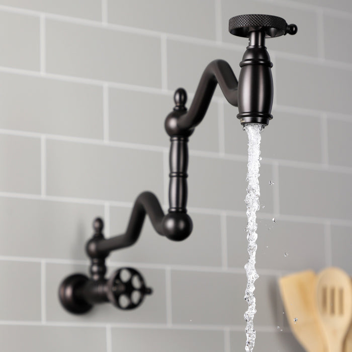 Kingston Tulare KS2105RKX - Webb Two-Handle 1-Hole Wall Mount Pot Filler Faucet with Knurled Handle, Oil Rubbed Bronze