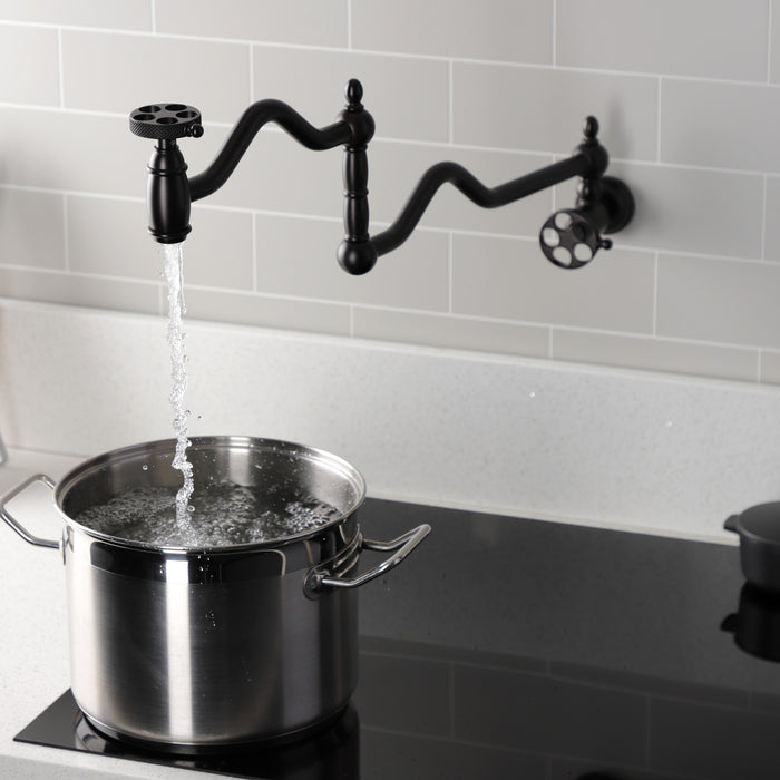 Kingston Tulare KS2105RKX - Webb Two-Handle 1-Hole Wall Mount Pot Filler Faucet with Knurled Handle, Oil Rubbed Bronze