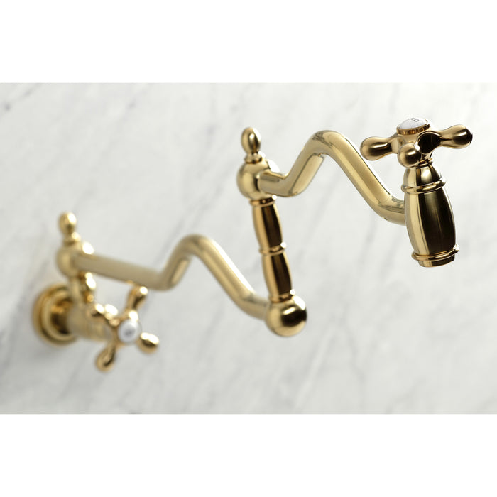 Kingston Heirloom KS2107AX - Heritage Two-Handle 1-Hole Wall Mount Pot Filler Faucet, Brushed Brass