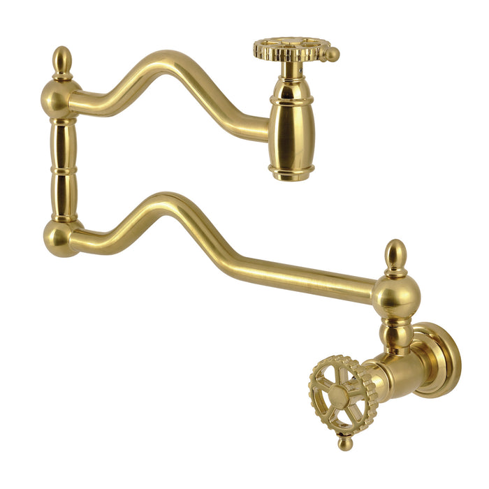 Kingston Tulare KS2107CG - Fuller Two-Handle 1-Hole Wall Mount Pot Filler Faucet, Brushed Brass