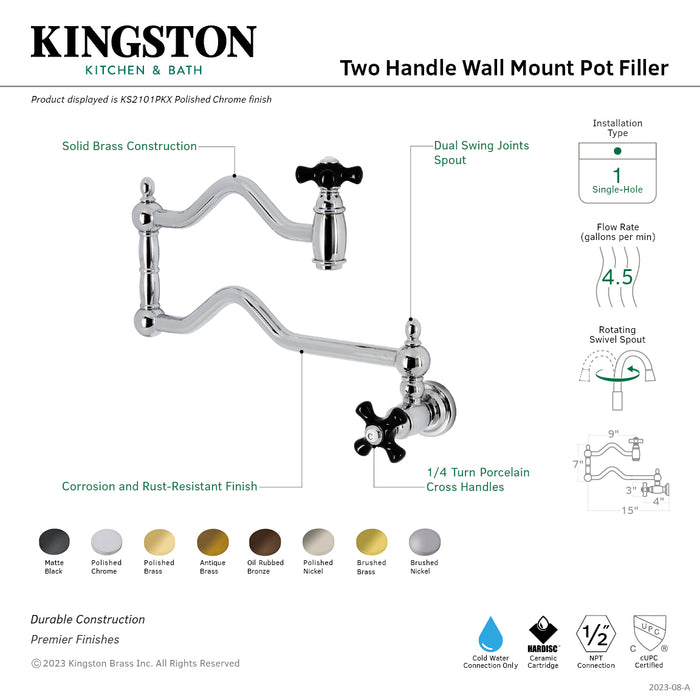 Kingston Heirloom KS2107PKX - Duchess Two-Handle 1-Hole Wall Mount Pot Filler Faucet, Brushed Brass