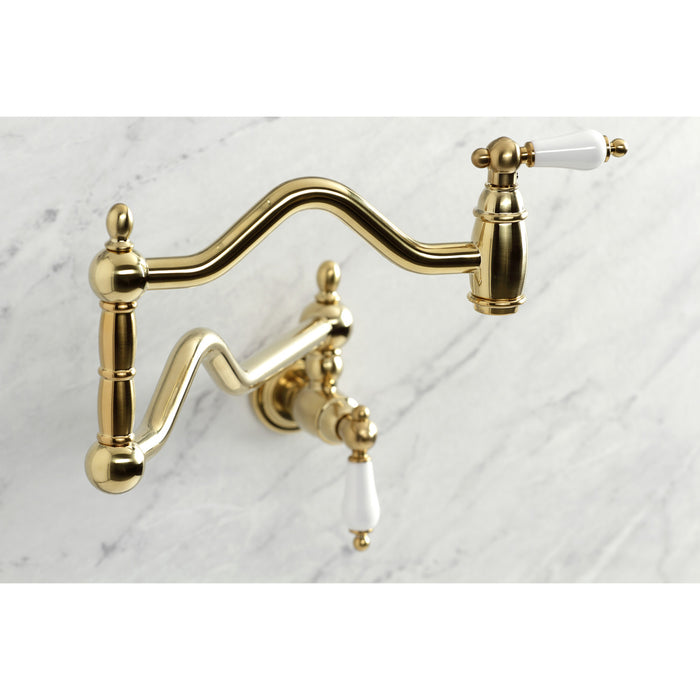 Heritage KS2107PL Two-Handle 1-Hole Wall Mount Pot Filler Faucet, Brushed Brass