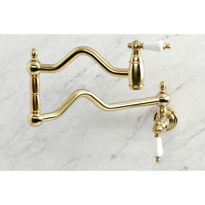 Heritage KS2107PL Two-Handle 1-Hole Wall Mount Pot Filler Faucet, Brushed Brass