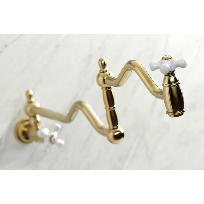 Heritage KS2107PX Two-Handle 1-Hole Wall Mount Pot Filler Faucet, Brushed Brass