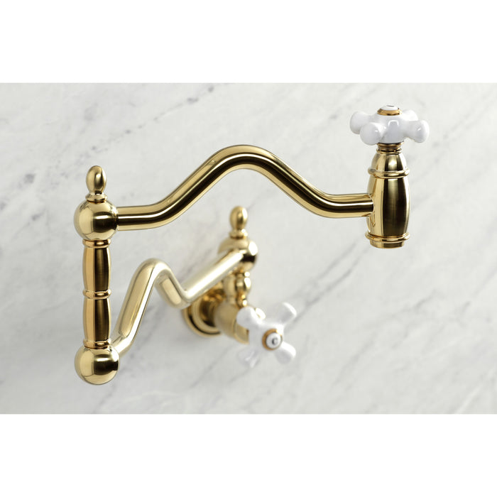 Heritage KS2107PX Two-Handle 1-Hole Wall Mount Pot Filler Faucet, Brushed Brass