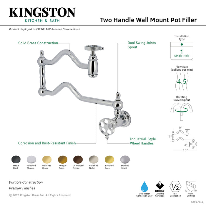 Kingston Tulare KS2107RKX - Webb Two-Handle 1-Hole Wall Mount Pot Filler Faucet with Knurled Handle, Brushed Brass
