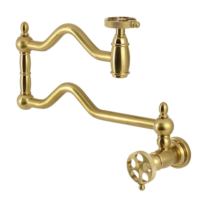 Kingston Tulare KS2107RKX - Webb Two-Handle 1-Hole Wall Mount Pot Filler Faucet with Knurled Handle, Brushed Brass
