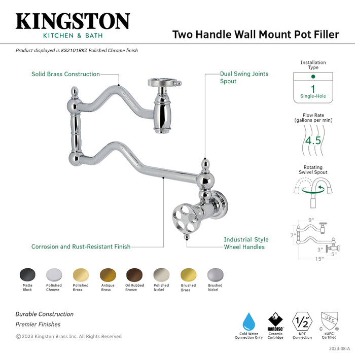 Kingston Tulare KS2107RKZ - Wendell Two-Handle 1-Hole Wall Mount Pot Filler Faucet with Knurled Handle, Brushed Brass