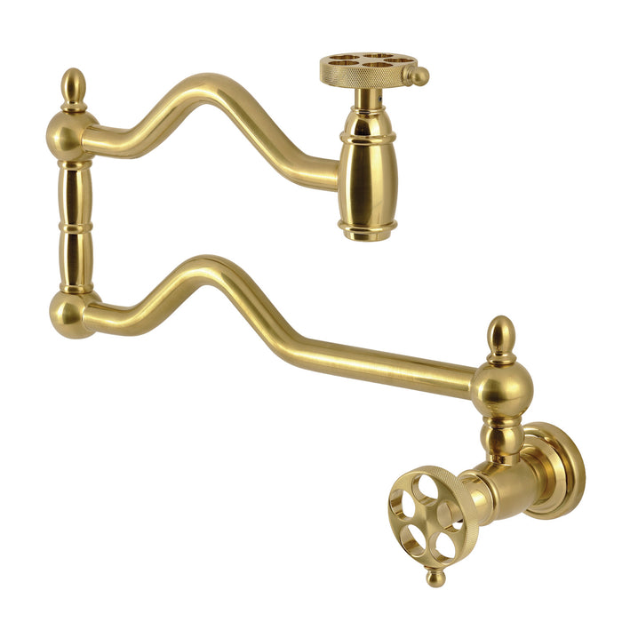 Kingston Tulare KS2107RKZ - Wendell Two-Handle 1-Hole Wall Mount Pot Filler Faucet with Knurled Handle, Brushed Brass