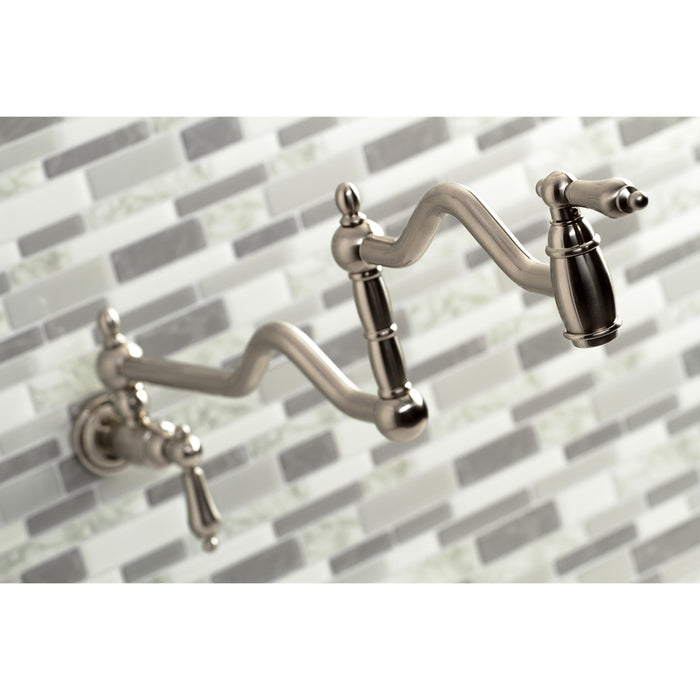 Kingston Heirloom KS2108AL - Heritage Two-Handle 1-Hole Wall Mount Pot Filler Faucet, Brushed Nickel