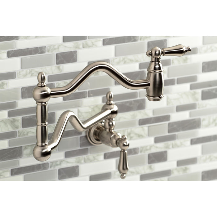 Kingston Heirloom KS2108AL - Heritage Two-Handle 1-Hole Wall Mount Pot Filler Faucet, Brushed Nickel