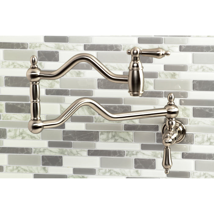 Kingston Heirloom KS2108AL - Heritage Two-Handle 1-Hole Wall Mount Pot Filler Faucet, Brushed Nickel