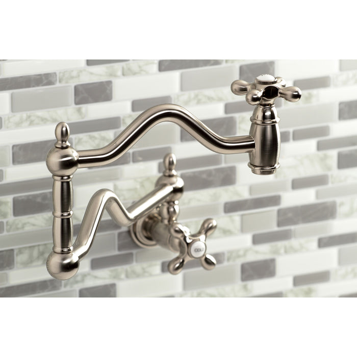 Kingston Heirloom KS2108AX - Heritage Two-Handle 1-Hole Wall Mount Pot Filler Faucet, Brushed Nickel