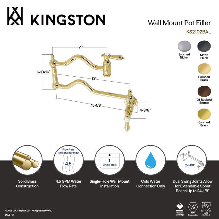 Kingston Heirloom KS2108BAL - Heirloom Two-Handle 1-Hole Wall Mount Pot Filler Faucet, Brushed Nickel