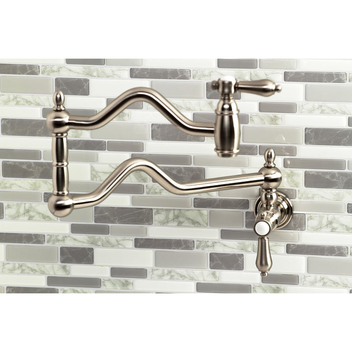 Kingston Heirloom KS2108BAL - Heirloom Two-Handle 1-Hole Wall Mount Pot Filler Faucet, Brushed Nickel