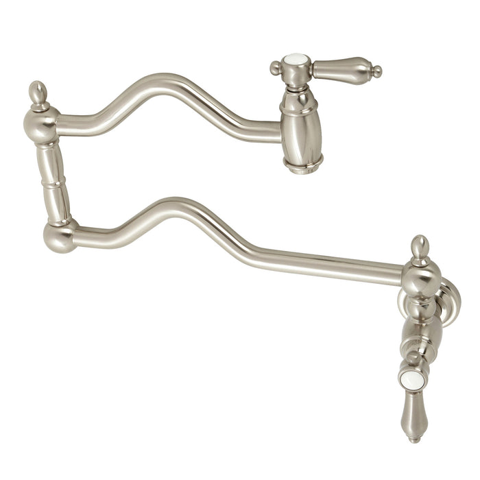 Kingston Heirloom KS2108BAL - Heirloom Two-Handle 1-Hole Wall Mount Pot Filler Faucet, Brushed Nickel