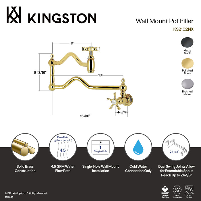 Kingston Heirloom KS2108NX - Hamilton Two-Handle 1-Hole Wall Mount Pot Filler Faucet, Brushed Nickel