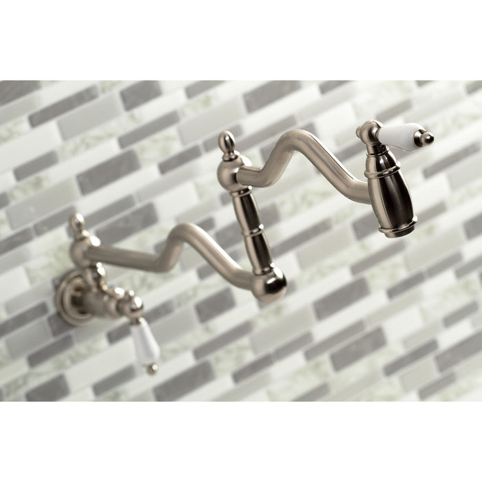 Kingston Heirloom KS2108PL - Heritage Two-Handle 1-Hole Wall Mount Pot Filler Faucet, Brushed Nickel