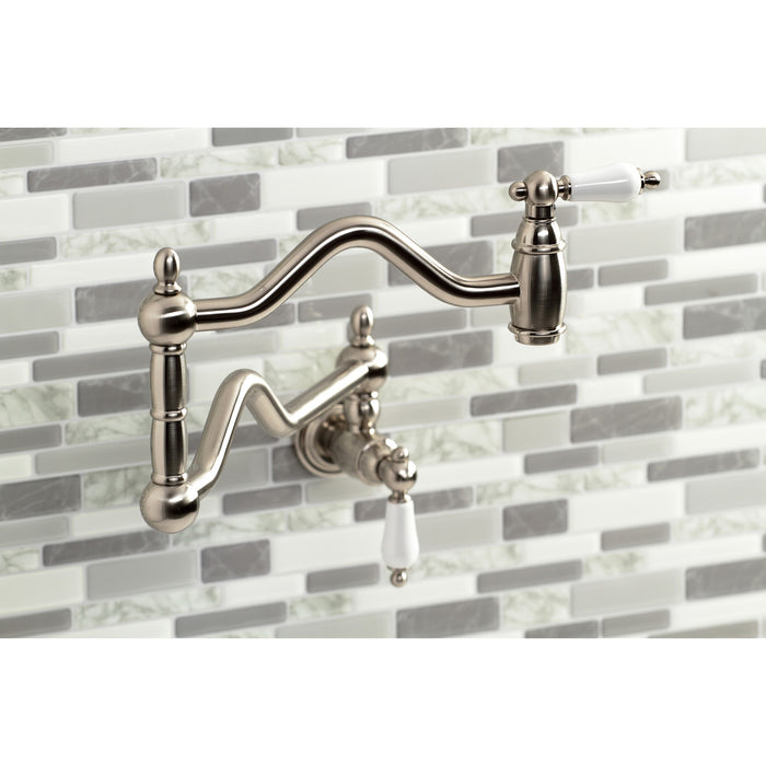 Kingston Heirloom KS2108PL - Heritage Two-Handle 1-Hole Wall Mount Pot Filler Faucet, Brushed Nickel