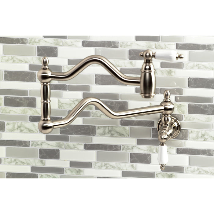 Kingston Heirloom KS2108PL - Heritage Two-Handle 1-Hole Wall Mount Pot Filler Faucet, Brushed Nickel