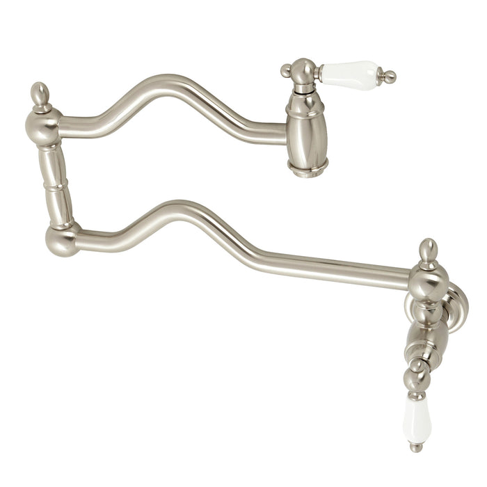 Kingston Heirloom KS2108PL - Heritage Two-Handle 1-Hole Wall Mount Pot Filler Faucet, Brushed Nickel