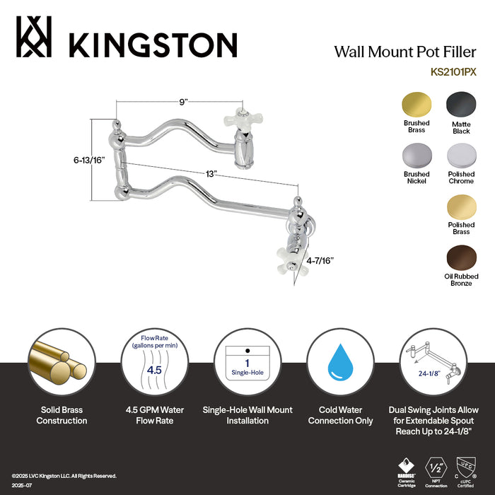 Kingston Heirloom KS2108PX - Heritage Two-Handle 1-Hole Wall Mount Pot Filler Faucet, Brushed Nickel