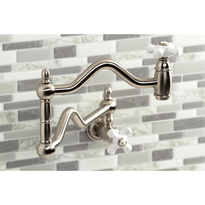 Kingston Heirloom KS2108PX - Heritage Two-Handle 1-Hole Wall Mount Pot Filler Faucet, Brushed Nickel
