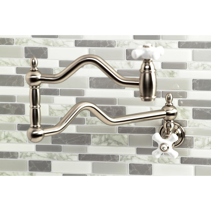 Kingston Heirloom KS2108PX - Heritage Two-Handle 1-Hole Wall Mount Pot Filler Faucet, Brushed Nickel