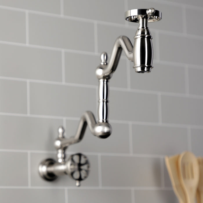 Kingston Tulare KS2108RX - Belknap Two-Handle 1-Hole Wall Mount Pot Filler Faucet, Brushed Nickel