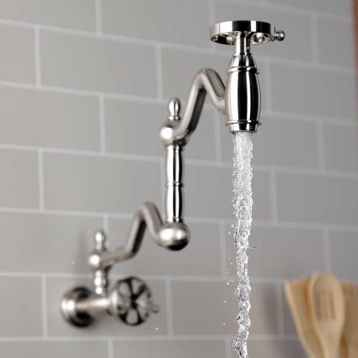 Kingston Tulare KS2108RX - Belknap Two-Handle 1-Hole Wall Mount Pot Filler Faucet, Brushed Nickel
