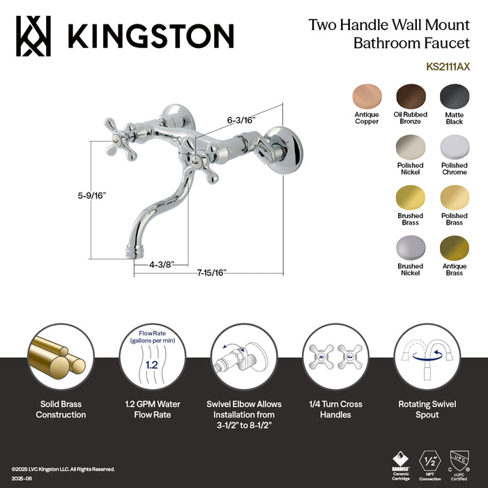 Kingston Heirloom KS2110AX - Kingston Double-Handle 2-Hole Wall Mount Bathroom Faucet, Matte Black