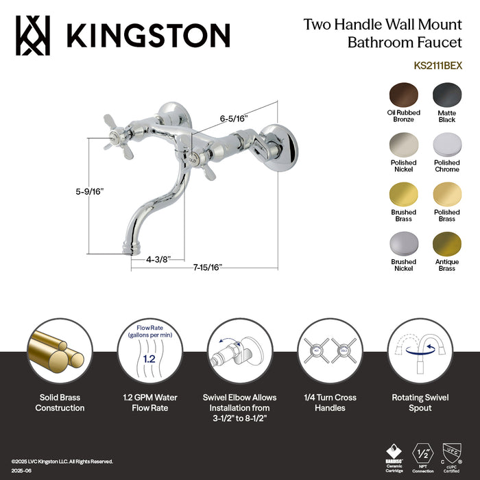 Kingston Heirloom KS2110BEX - Essex Double-Handle 2-Hole Wall Mount Bathroom Faucet, Matte Black