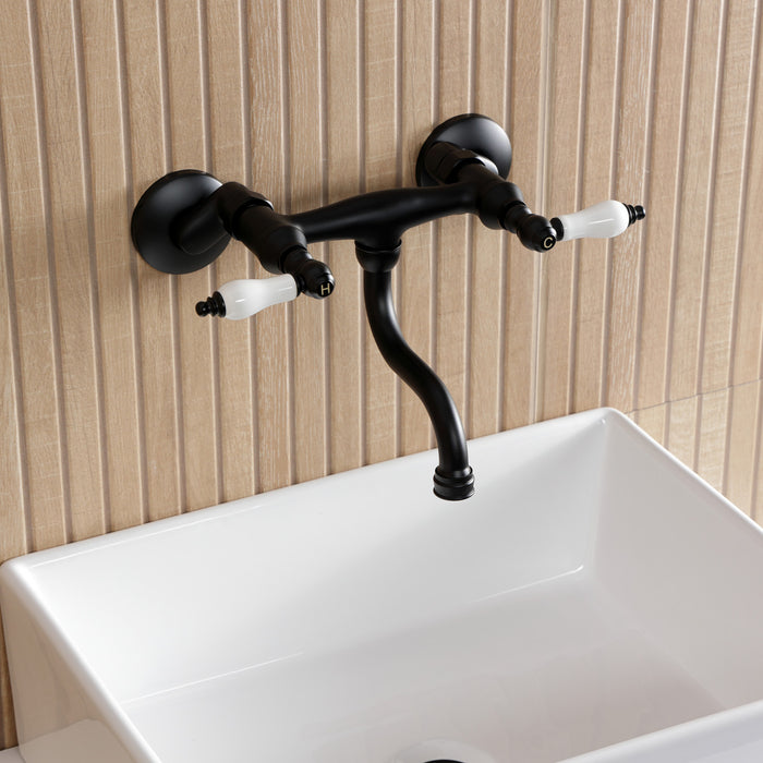 Kingston Heirloom KS2110PL - Kingston Double-Handle 2-Hole Wall Mount Bathroom Faucet, Matte Black