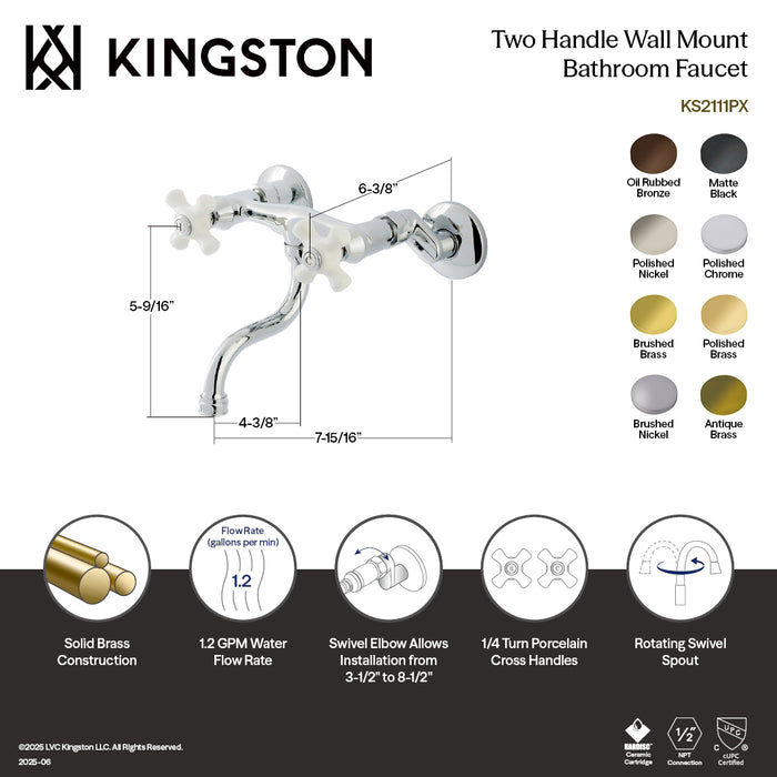 Kingston Heirloom KS2110PX - Kingston Double-Handle 2-Hole Wall Mount Bathroom Faucet, Matte Black
