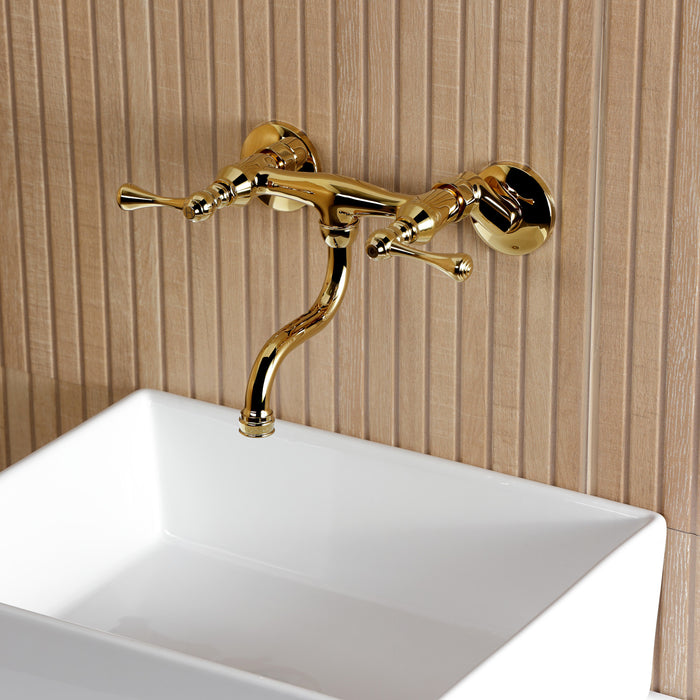 Kingston Tulare KS2112BL - Kingston Double-Handle 2-Hole Wall Mount Bathroom Faucet, Polished Brass