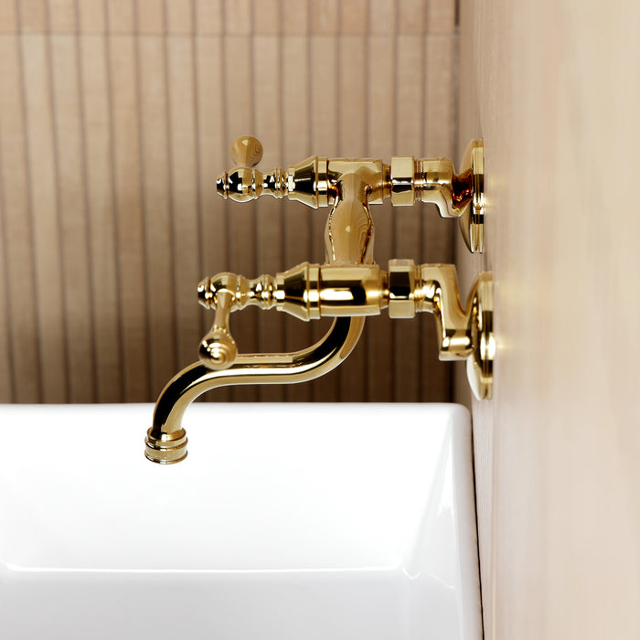 Kingston Tulare KS2112BL - Kingston Double-Handle 2-Hole Wall Mount Bathroom Faucet, Polished Brass