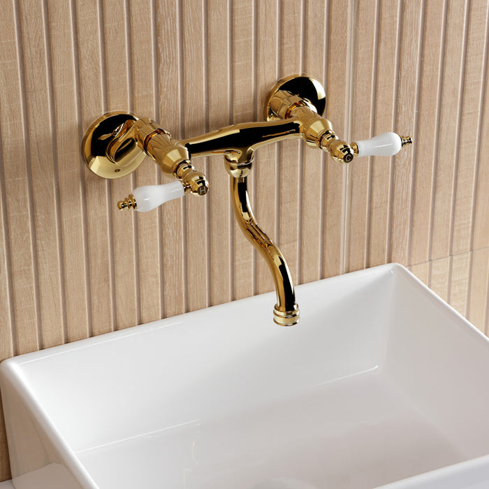 Kingston Heirloom KS2112PL - Kingston Double-Handle 2-Hole Wall Mount Bathroom Faucet, Polished Brass