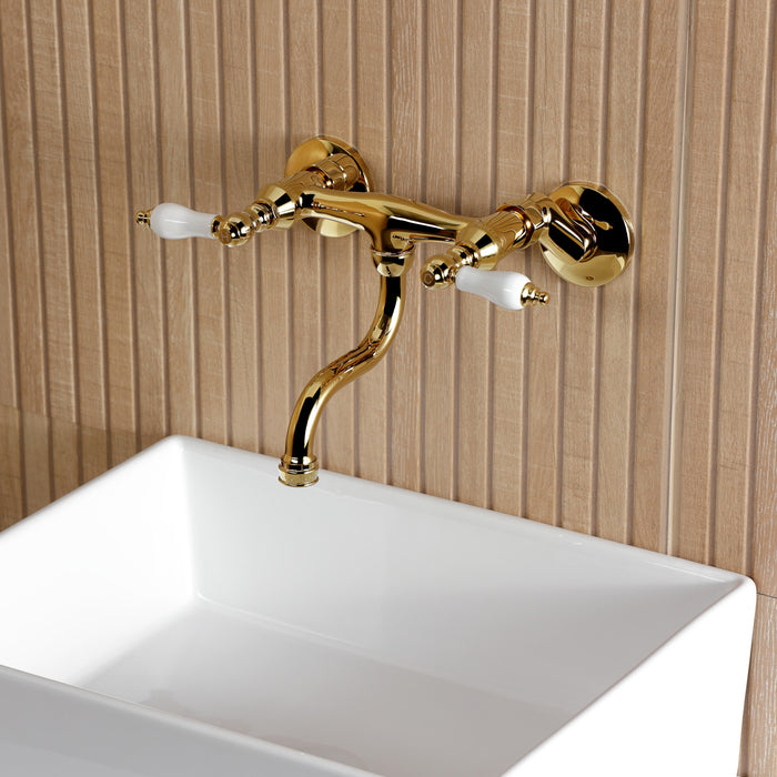 Kingston Heirloom KS2112PL - Kingston Double-Handle 2-Hole Wall Mount Bathroom Faucet, Polished Brass