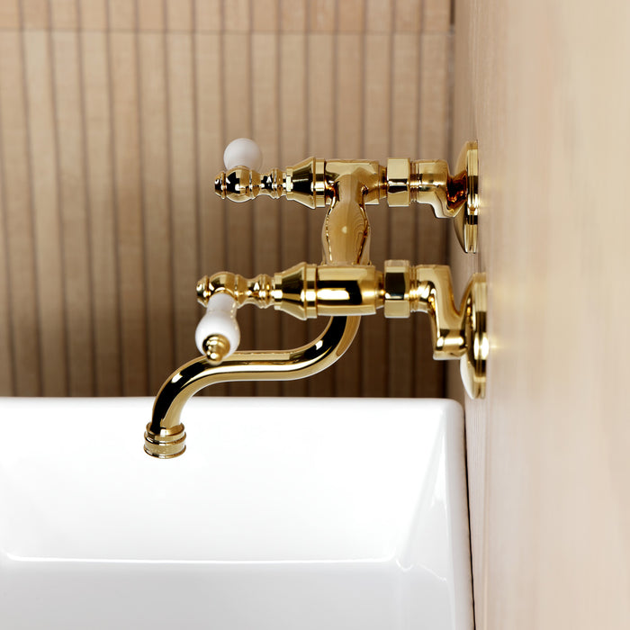 Kingston Heirloom KS2112PL - Kingston Double-Handle 2-Hole Wall Mount Bathroom Faucet, Polished Brass