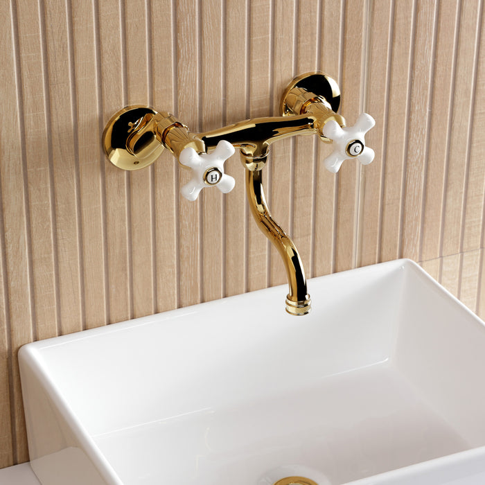 Kingston Heirloom KS2112PX - Kingston Double-Handle 2-Hole Wall Mount Bathroom Faucet, Polished Brass