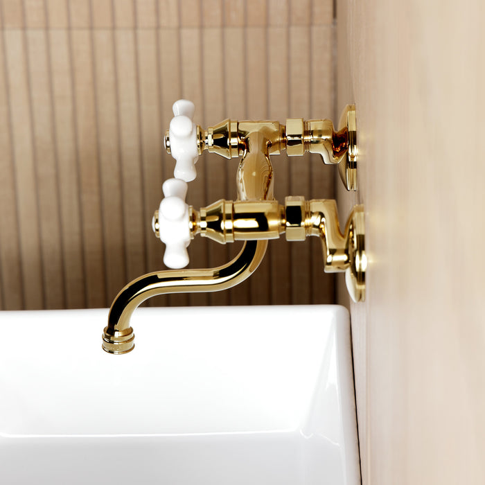 Kingston Heirloom KS2112PX - Kingston Double-Handle 2-Hole Wall Mount Bathroom Faucet, Polished Brass