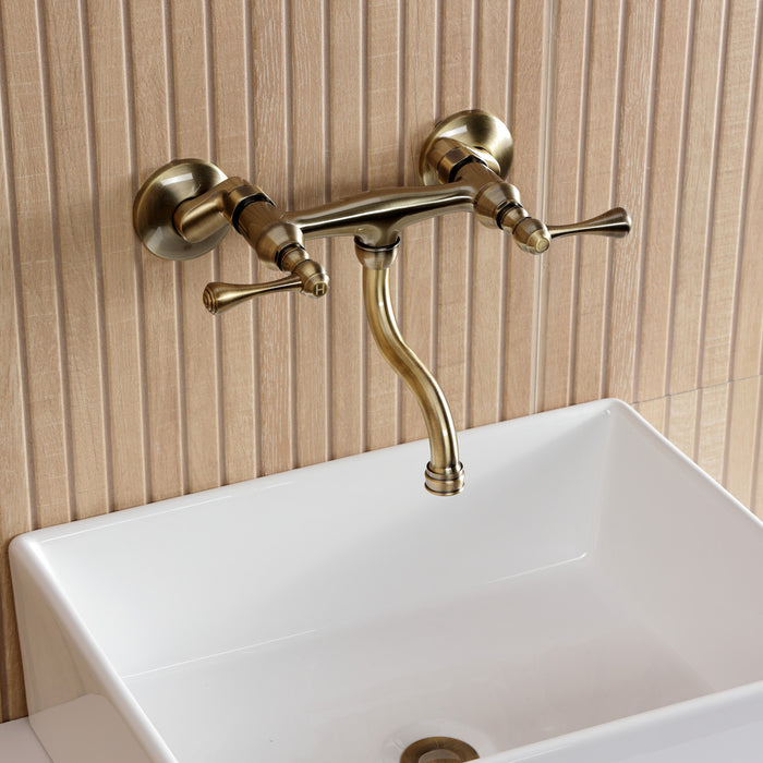 Kingston Tulare KS2113BL - Kingston Double-Handle 2-Hole Wall Mount Bathroom Faucet, Antique Brass