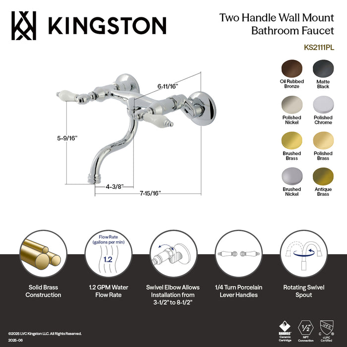 Kingston Heirloom KS2115PL - Kingston Double-Handle 2-Hole Wall Mount Bathroom Faucet, Oil Rubbed Bronze