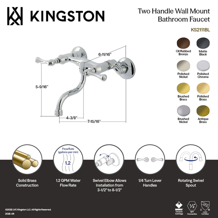 Kingston Tulare KS2116BL - Kingston Double-Handle 2-Hole Wall Mount Bathroom Faucet, Polished Nickel