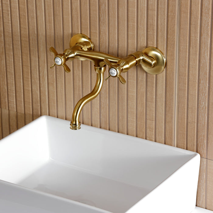 Kingston Heirloom KS2117BEX - Essex Double-Handle 2-Hole Wall Mount Bathroom Faucet, Brushed Brass