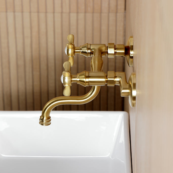 Kingston Heirloom KS2117BEX - Essex Double-Handle 2-Hole Wall Mount Bathroom Faucet, Brushed Brass