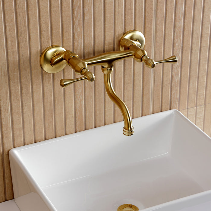 Kingston Tulare KS2117BL - Kingston Double-Handle 2-Hole Wall Mount Bathroom Faucet, Brushed Brass